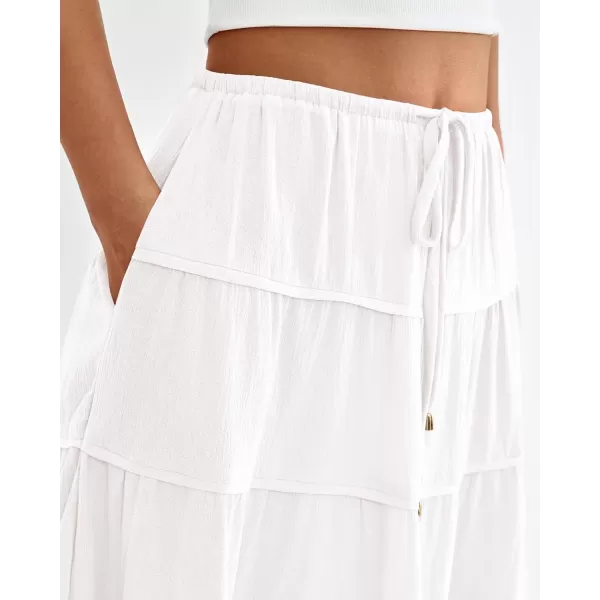 imageBTFBM Women Summer Tiered Maxi Skirt Drawstring Elastic MidWaist A Line Boho Beach Dress Flowy Long Skirts with PocketSolid White