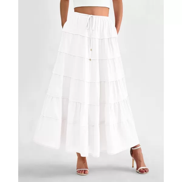 imageBTFBM Women Summer Tiered Maxi Skirt Drawstring Elastic MidWaist A Line Boho Beach Dress Flowy Long Skirts with PocketSolid White