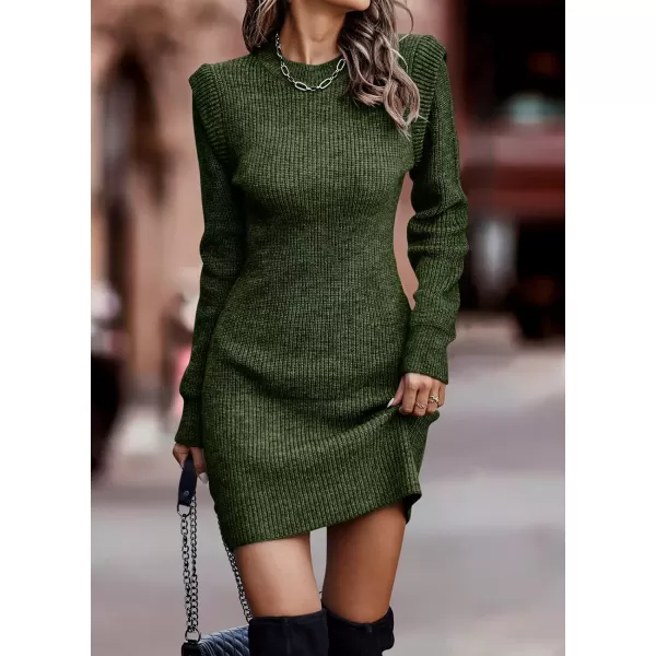 imageBTFBM Women Sweater Bodycon Short Dress Long Sleeve Crew Neck Slim Fit Solid Dressy Fall Winter Mini Ribbed Knit DressesSolid Army Green