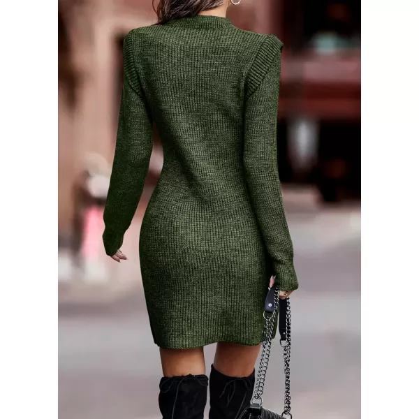 imageBTFBM Women Sweater Bodycon Short Dress Long Sleeve Crew Neck Slim Fit Solid Dressy Fall Winter Mini Ribbed Knit DressesSolid Army Green