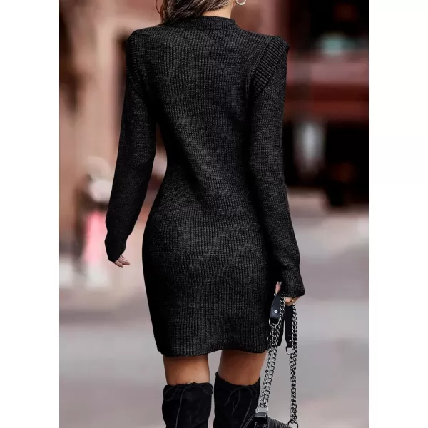 imageBTFBM Women Sweater Bodycon Short Dress Long Sleeve Crew Neck Slim Fit Solid Dressy Fall Winter Mini Ribbed Knit DressesSolid Black