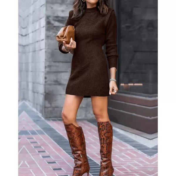 imageBTFBM Women Sweater Bodycon Short Dress Long Sleeve Crew Neck Slim Fit Solid Dressy Fall Winter Mini Ribbed Knit DressesSolid Dark Coffee
