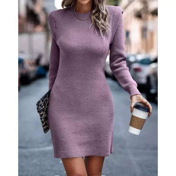 imageBTFBM Women Sweater Bodycon Short Dress Long Sleeve Crew Neck Slim Fit Solid Dressy Fall Winter Mini Ribbed Knit DressesSolid Deep Purple