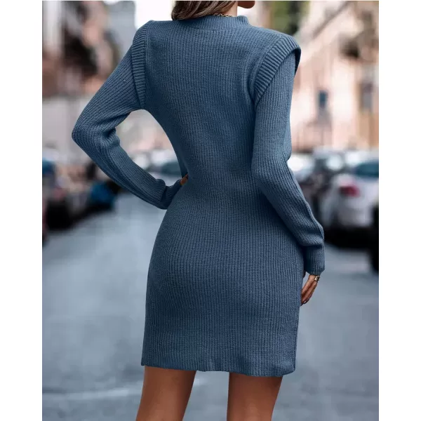 imageBTFBM Women Sweater Bodycon Short Dress Long Sleeve Crew Neck Slim Fit Solid Dressy Fall Winter Mini Ribbed Knit DressesSolid Grey Blue