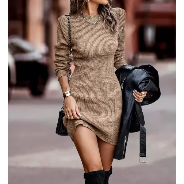 imageBTFBM Women Sweater Bodycon Short Dress Long Sleeve Crew Neck Slim Fit Solid Dressy Fall Winter Mini Ribbed Knit DressesSolid Khaki