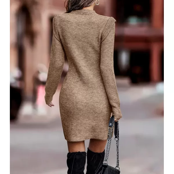 imageBTFBM Women Sweater Bodycon Short Dress Long Sleeve Crew Neck Slim Fit Solid Dressy Fall Winter Mini Ribbed Knit DressesSolid Khaki