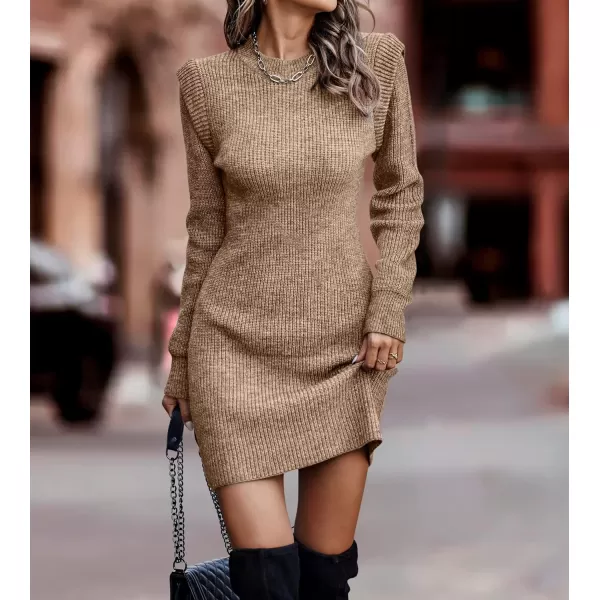 imageBTFBM Women Sweater Bodycon Short Dress Long Sleeve Crew Neck Slim Fit Solid Dressy Fall Winter Mini Ribbed Knit DressesSolid Khaki