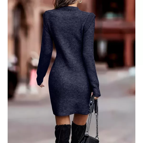 imageBTFBM Women Sweater Bodycon Short Dress Long Sleeve Crew Neck Slim Fit Solid Dressy Fall Winter Mini Ribbed Knit DressesSolid Navy