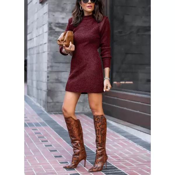 imageBTFBM Women Sweater Bodycon Short Dress Long Sleeve Crew Neck Slim Fit Solid Dressy Fall Winter Mini Ribbed Knit DressesSolid Wine Red