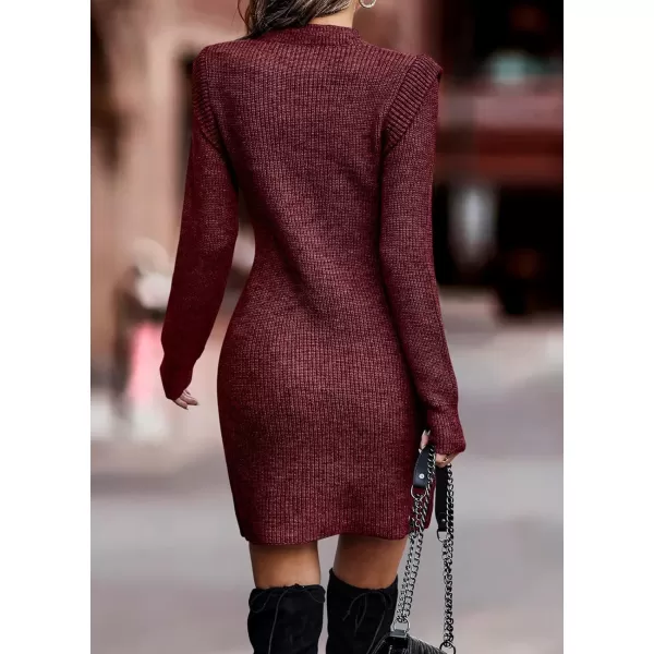 imageBTFBM Women Sweater Bodycon Short Dress Long Sleeve Crew Neck Slim Fit Solid Dressy Fall Winter Mini Ribbed Knit DressesSolid Wine Red