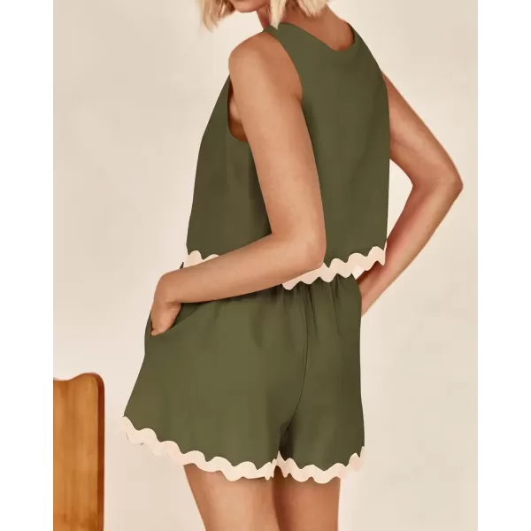 imageBTFBM Women Two Piece Beach Vacation Outfits Summer Casual 2 Piece Lounge Set Cropped Tank Top Elastic Waist Shorts SetsSolid Army Green