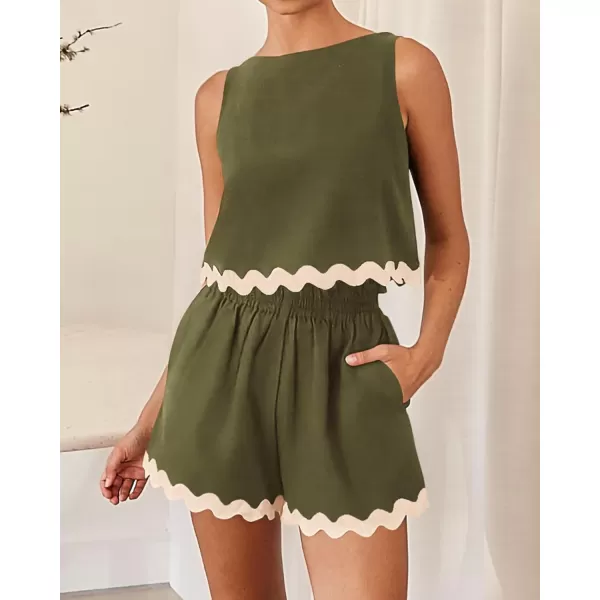 imageBTFBM Women Two Piece Beach Vacation Outfits Summer Casual 2 Piece Lounge Set Cropped Tank Top Elastic Waist Shorts SetsSolid Army Green