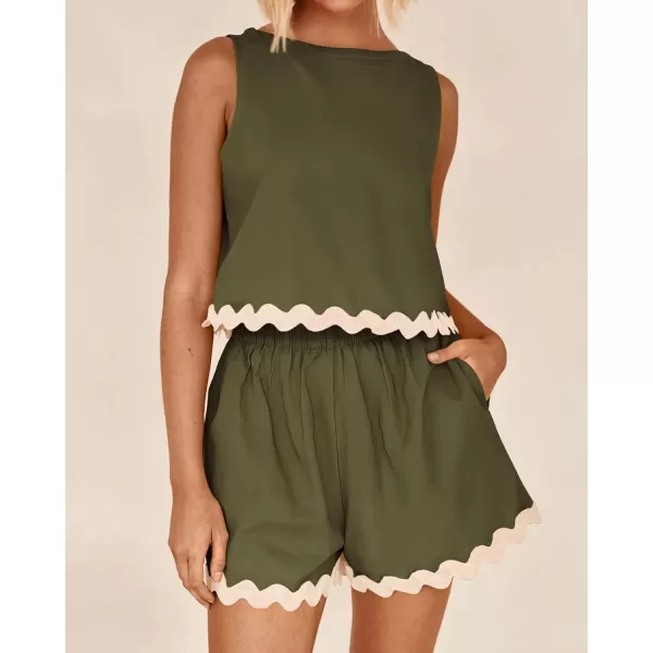imageBTFBM Women Two Piece Beach Vacation Outfits Summer Casual 2 Piece Lounge Set Cropped Tank Top Elastic Waist Shorts SetsSolid Army Green