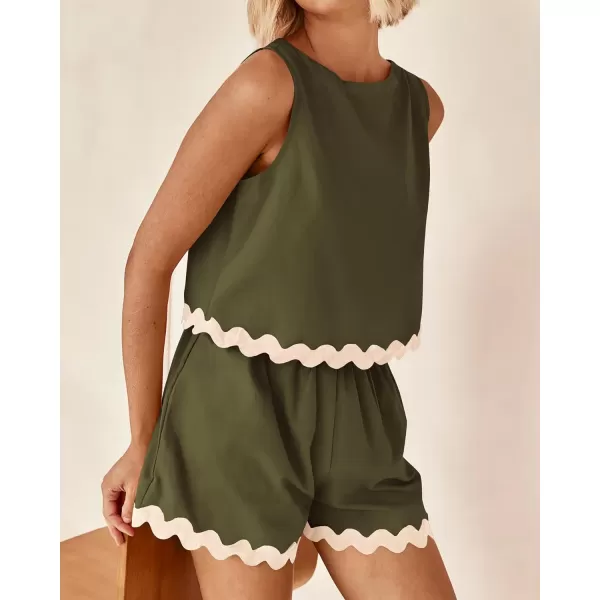 imageBTFBM Women Two Piece Beach Vacation Outfits Summer Casual 2 Piece Lounge Set Cropped Tank Top Elastic Waist Shorts SetsSolid Army Green
