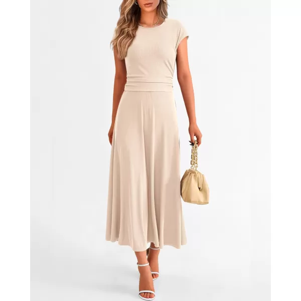 imageBTFBM Women Two Piece Skirt Set Casual Ribbed Knit Crew Neck Short Sleeve Cropped Top Elastic Waist Swing Midi SkirtsSolid Beige