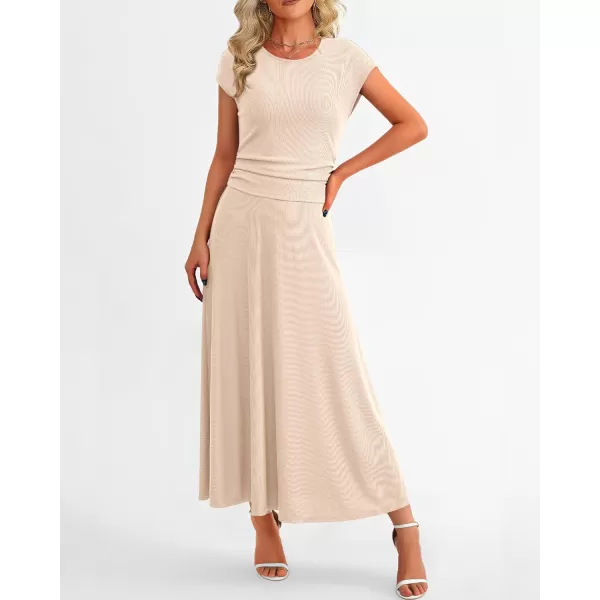 imageBTFBM Women Two Piece Skirt Set Casual Ribbed Knit Crew Neck Short Sleeve Cropped Top Elastic Waist Swing Midi SkirtsSolid Beige