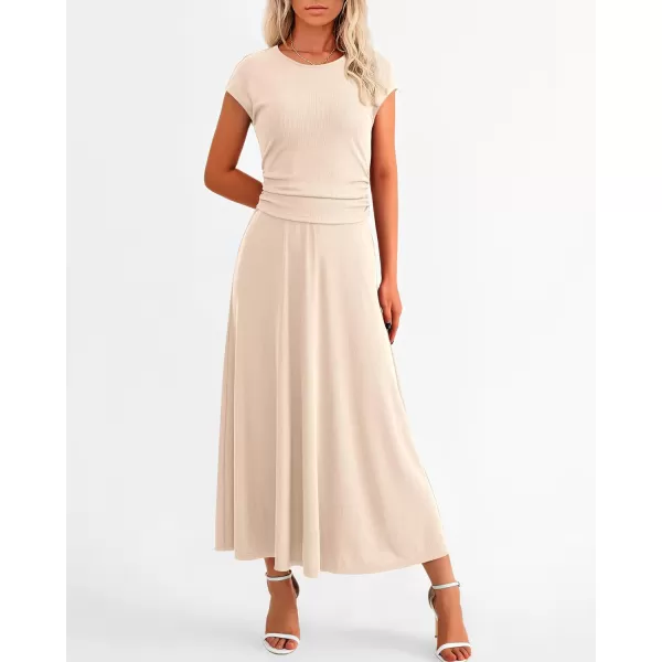 imageBTFBM Women Two Piece Skirt Set Casual Ribbed Knit Crew Neck Short Sleeve Cropped Top Elastic Waist Swing Midi SkirtsSolid Beige
