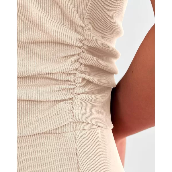 imageBTFBM Women Two Piece Skirt Set Casual Ribbed Knit Crew Neck Short Sleeve Cropped Top Elastic Waist Swing Midi SkirtsSolid Beige