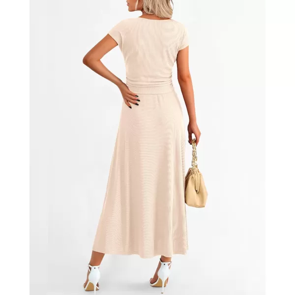 imageBTFBM Women Two Piece Skirt Set Casual Ribbed Knit Crew Neck Short Sleeve Cropped Top Elastic Waist Swing Midi SkirtsSolid Beige