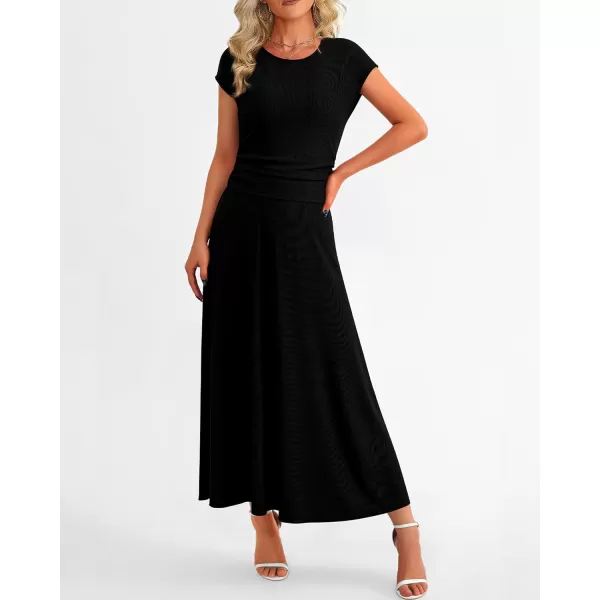 imageBTFBM Women Two Piece Skirt Set Casual Ribbed Knit Crew Neck Short Sleeve Cropped Top Elastic Waist Swing Midi SkirtsSolid Black