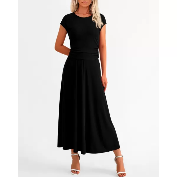 imageBTFBM Women Two Piece Skirt Set Casual Ribbed Knit Crew Neck Short Sleeve Cropped Top Elastic Waist Swing Midi SkirtsSolid Black