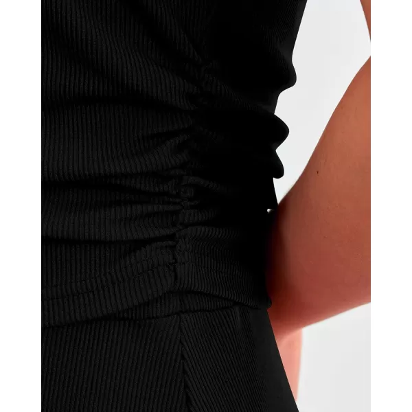 imageBTFBM Women Two Piece Skirt Set Casual Ribbed Knit Crew Neck Short Sleeve Cropped Top Elastic Waist Swing Midi SkirtsSolid Black