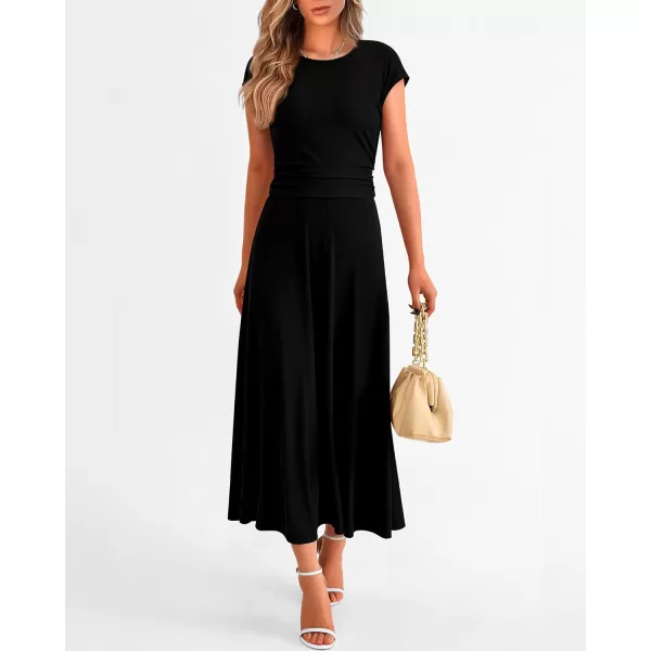 imageBTFBM Women Two Piece Skirt Set Casual Ribbed Knit Crew Neck Short Sleeve Cropped Top Elastic Waist Swing Midi SkirtsSolid Black