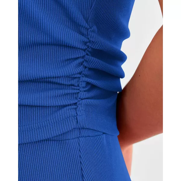 imageBTFBM Women Two Piece Skirt Set Casual Ribbed Knit Crew Neck Short Sleeve Cropped Top Elastic Waist Swing Midi SkirtsSolid Blue