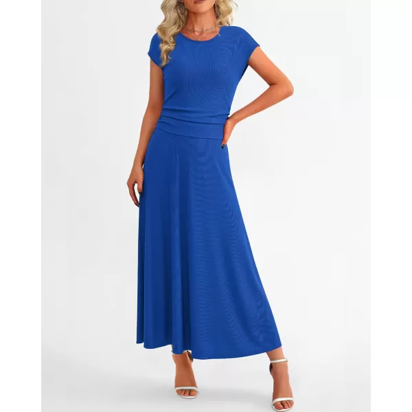 imageBTFBM Women Two Piece Skirt Set Casual Ribbed Knit Crew Neck Short Sleeve Cropped Top Elastic Waist Swing Midi SkirtsSolid Blue