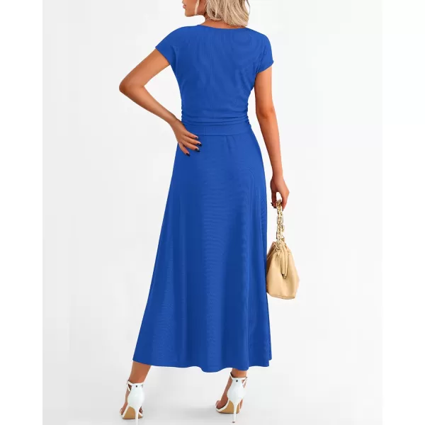 imageBTFBM Women Two Piece Skirt Set Casual Ribbed Knit Crew Neck Short Sleeve Cropped Top Elastic Waist Swing Midi SkirtsSolid Blue