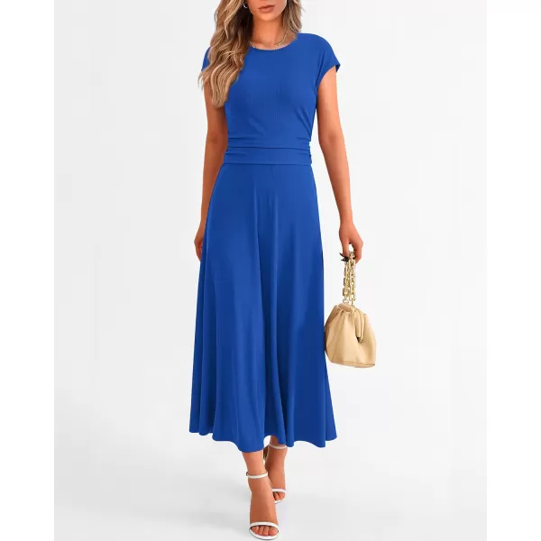 imageBTFBM Women Two Piece Skirt Set Casual Ribbed Knit Crew Neck Short Sleeve Cropped Top Elastic Waist Swing Midi SkirtsSolid Blue