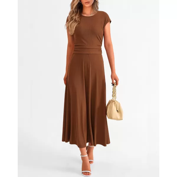 imageBTFBM Women Two Piece Skirt Set Casual Ribbed Knit Crew Neck Short Sleeve Cropped Top Elastic Waist Swing Midi SkirtsSolid Dark Brown