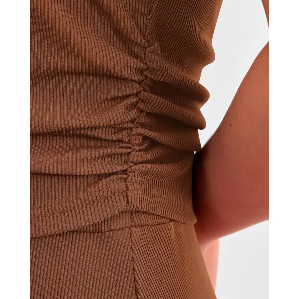 imageBTFBM Women Two Piece Skirt Set Casual Ribbed Knit Crew Neck Short Sleeve Cropped Top Elastic Waist Swing Midi SkirtsSolid Dark Brown