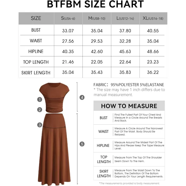 imageBTFBM Women Two Piece Skirt Set Casual Ribbed Knit Crew Neck Short Sleeve Cropped Top Elastic Waist Swing Midi SkirtsSolid Dark Brown