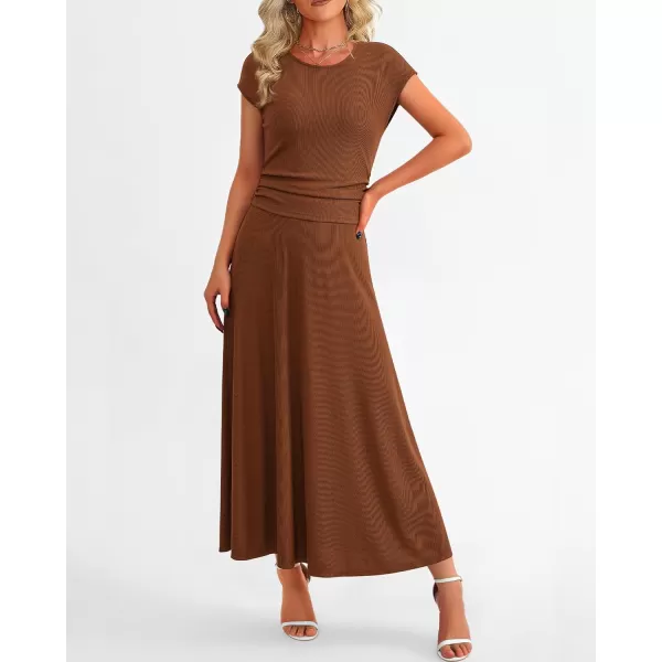 imageBTFBM Women Two Piece Skirt Set Casual Ribbed Knit Crew Neck Short Sleeve Cropped Top Elastic Waist Swing Midi SkirtsSolid Dark Brown