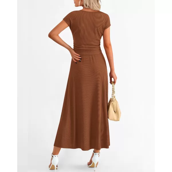 imageBTFBM Women Two Piece Skirt Set Casual Ribbed Knit Crew Neck Short Sleeve Cropped Top Elastic Waist Swing Midi SkirtsSolid Dark Brown