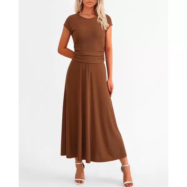 imageBTFBM Women Two Piece Skirt Set Casual Ribbed Knit Crew Neck Short Sleeve Cropped Top Elastic Waist Swing Midi SkirtsSolid Dark Brown