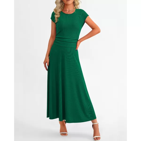 imageBTFBM Women Two Piece Skirt Set Casual Ribbed Knit Crew Neck Short Sleeve Cropped Top Elastic Waist Swing Midi SkirtsSolid Green