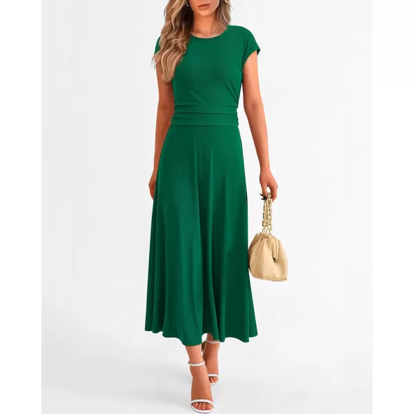 imageBTFBM Women Two Piece Skirt Set Casual Ribbed Knit Crew Neck Short Sleeve Cropped Top Elastic Waist Swing Midi SkirtsSolid Green
