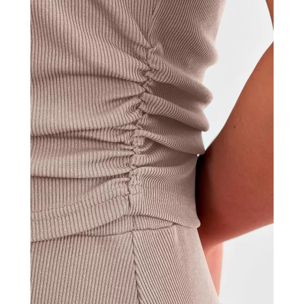 imageBTFBM Women Two Piece Skirt Set Casual Ribbed Knit Crew Neck Short Sleeve Cropped Top Elastic Waist Swing Midi SkirtsSolid Khaki