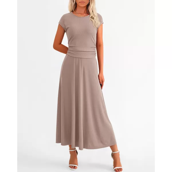 imageBTFBM Women Two Piece Skirt Set Casual Ribbed Knit Crew Neck Short Sleeve Cropped Top Elastic Waist Swing Midi SkirtsSolid Khaki