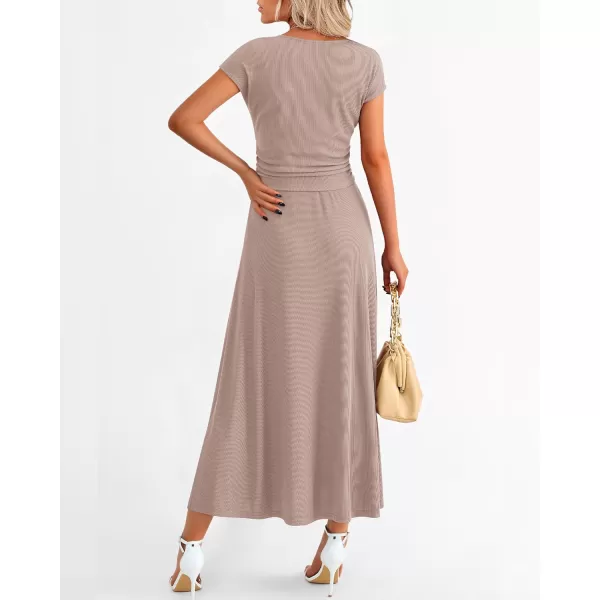 imageBTFBM Women Two Piece Skirt Set Casual Ribbed Knit Crew Neck Short Sleeve Cropped Top Elastic Waist Swing Midi SkirtsSolid Khaki
