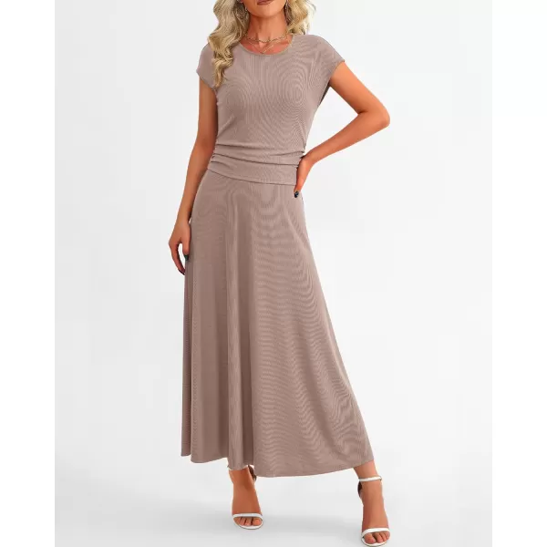 imageBTFBM Women Two Piece Skirt Set Casual Ribbed Knit Crew Neck Short Sleeve Cropped Top Elastic Waist Swing Midi SkirtsSolid Khaki