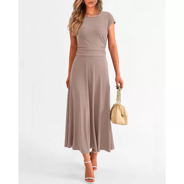 imageBTFBM Women Two Piece Skirt Set Casual Ribbed Knit Crew Neck Short Sleeve Cropped Top Elastic Waist Swing Midi SkirtsSolid Khaki
