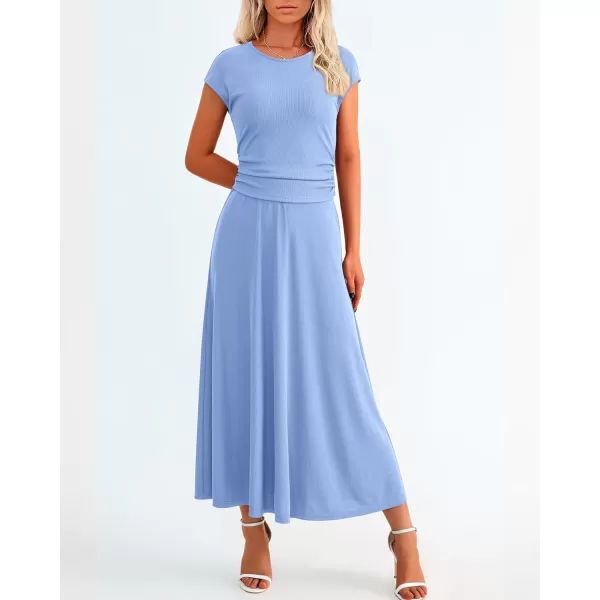 imageBTFBM Women Two Piece Skirt Set Casual Ribbed Knit Crew Neck Short Sleeve Cropped Top Elastic Waist Swing Midi SkirtsSolid Light Blue