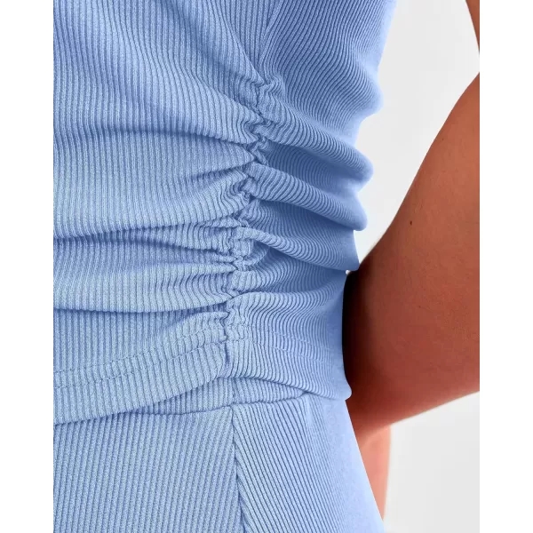 imageBTFBM Women Two Piece Skirt Set Casual Ribbed Knit Crew Neck Short Sleeve Cropped Top Elastic Waist Swing Midi SkirtsSolid Light Blue