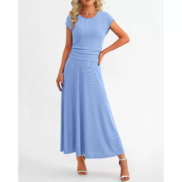 imageBTFBM Women Two Piece Skirt Set Casual Ribbed Knit Crew Neck Short Sleeve Cropped Top Elastic Waist Swing Midi SkirtsSolid Light Blue