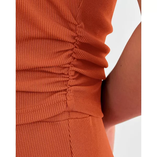 imageBTFBM Women Two Piece Skirt Set Casual Ribbed Knit Crew Neck Short Sleeve Cropped Top Elastic Waist Swing Midi SkirtsSolid Orange