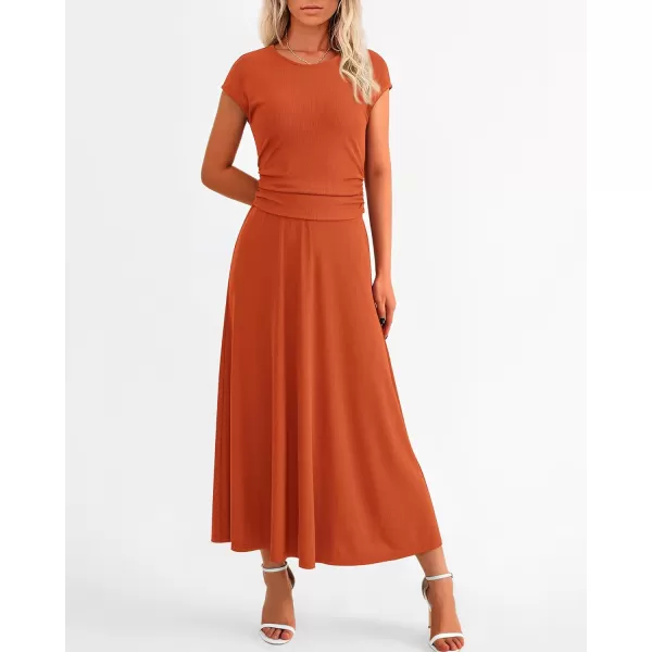 imageBTFBM Women Two Piece Skirt Set Casual Ribbed Knit Crew Neck Short Sleeve Cropped Top Elastic Waist Swing Midi SkirtsSolid Orange