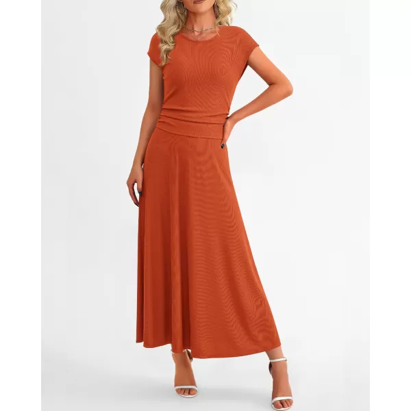 imageBTFBM Women Two Piece Skirt Set Casual Ribbed Knit Crew Neck Short Sleeve Cropped Top Elastic Waist Swing Midi SkirtsSolid Orange